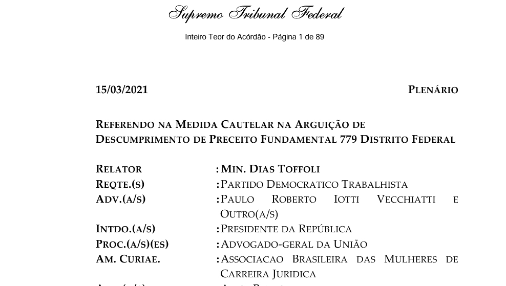 ADPF 779, relator Min Dias Toffoli